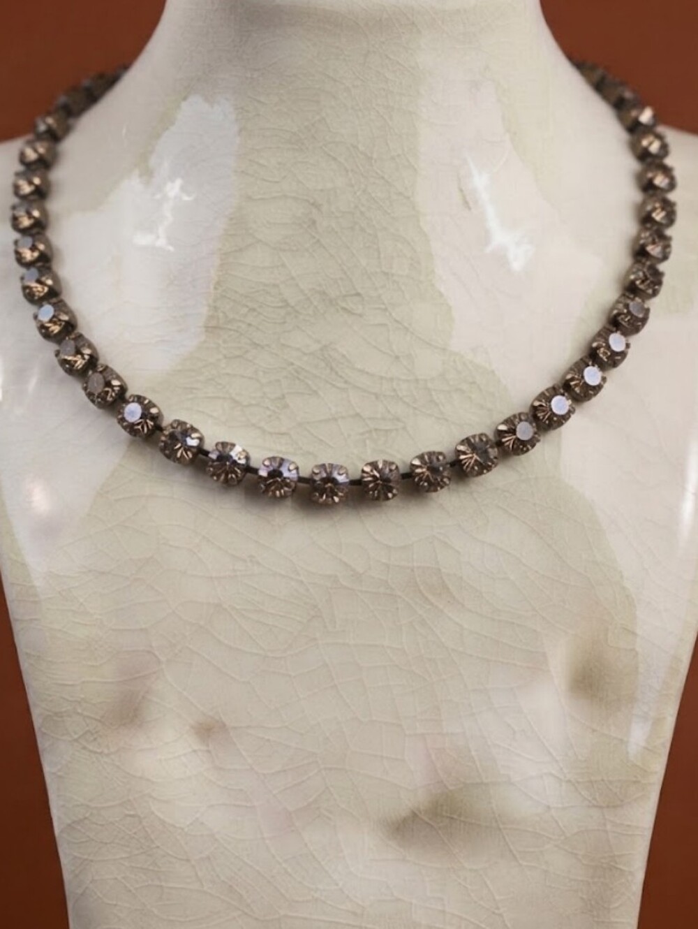 Champagne and Light Austrian Crystals Necklace In Classic Antique Bronze